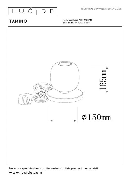 Lucide TAMINO - Lampe de table - Ø 15 cm - LED - 1x6W 3000K - Noir - technique